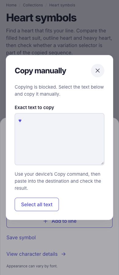 The manual-copy dialog contains the exact heart suit character.
