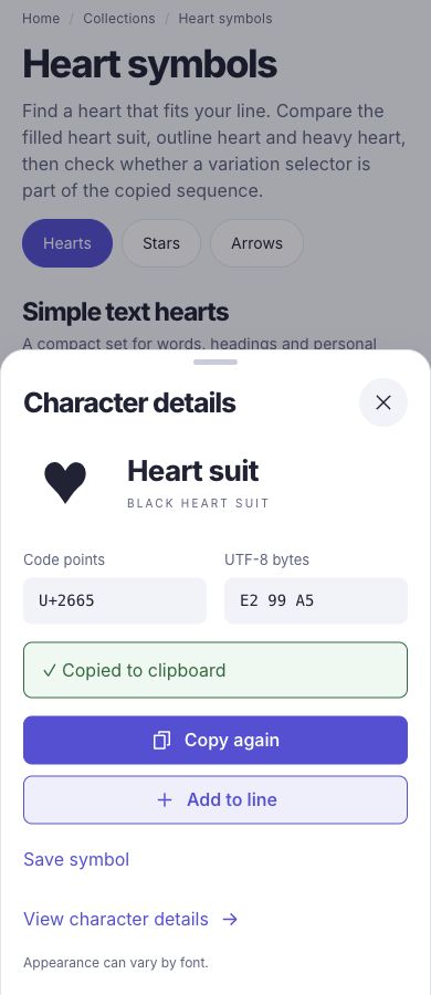 The heart suit detail sheet confirms a successful clipboard write.