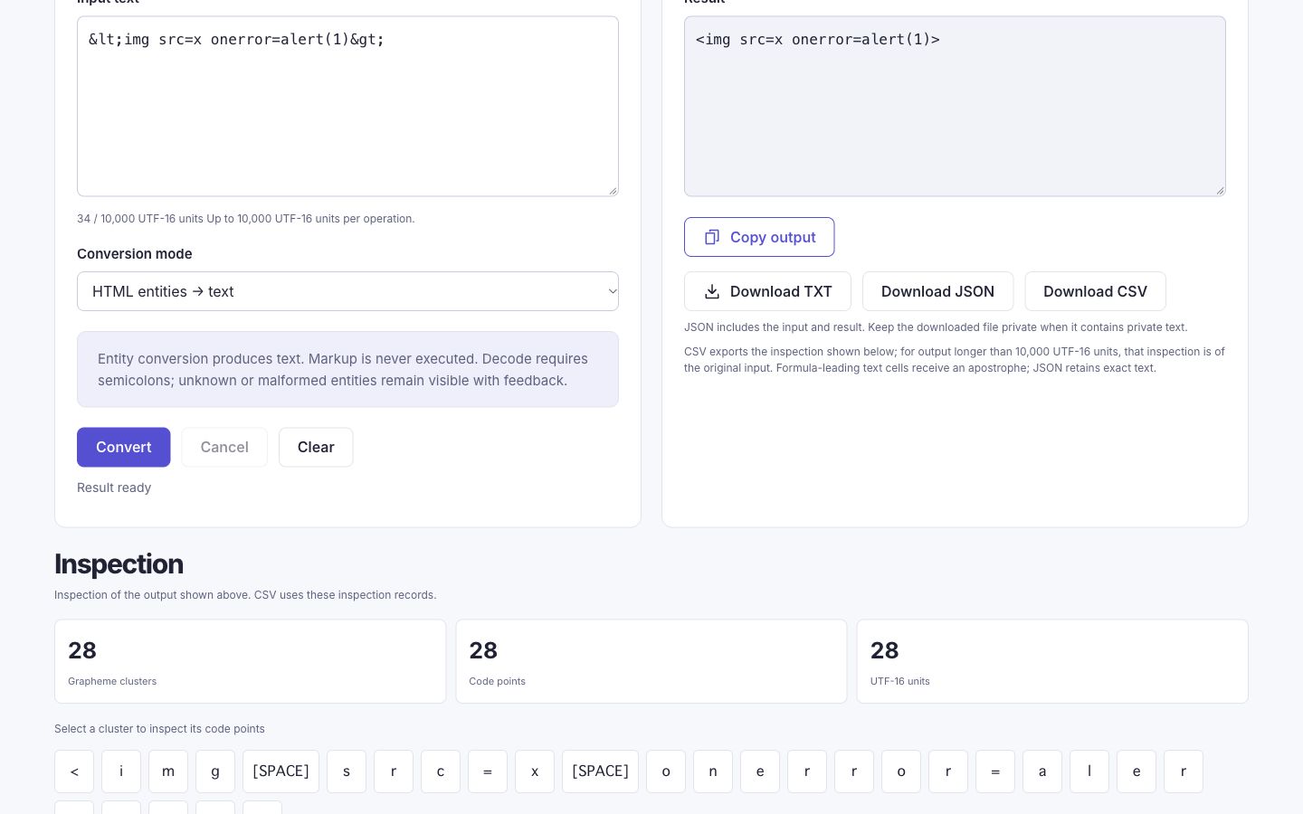 Decoded markup-looking output stays literal text in the result field.