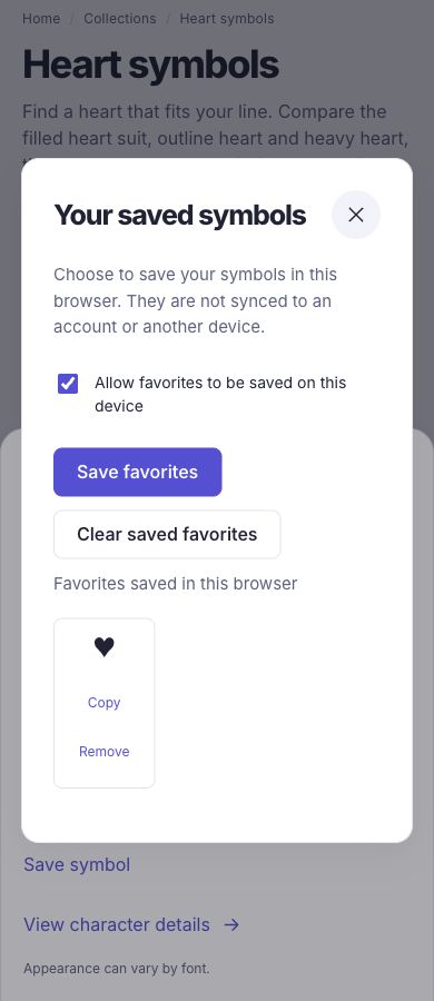 An explicitly permitted heart suit favorite is saved in the browser.