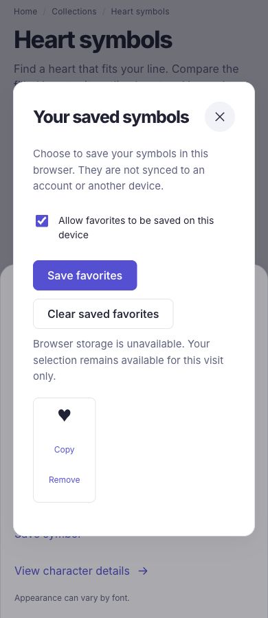 Unavailable browser storage is reported while the in-memory favorite remains visible.